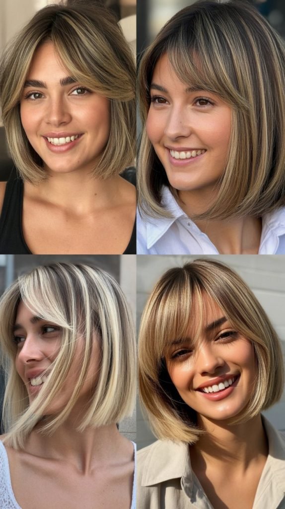 Layered Collarbone Bob With Curtain Bangs And Blonde Balayage