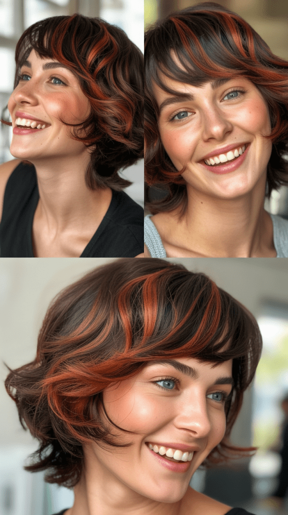 Brick Red Highlights on Brown Shag Cut