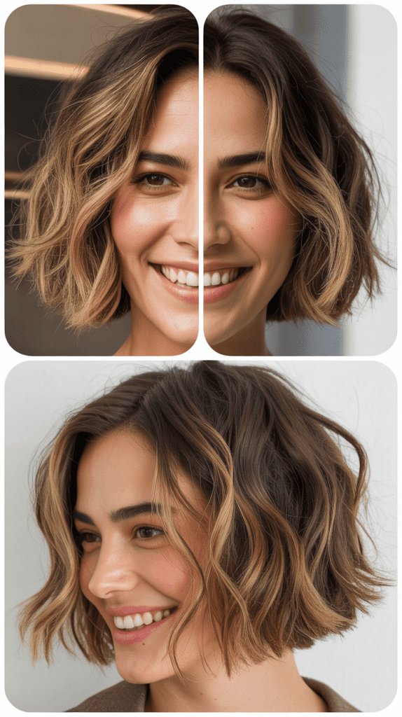 Golden Brown Highlights on Choppy Bob