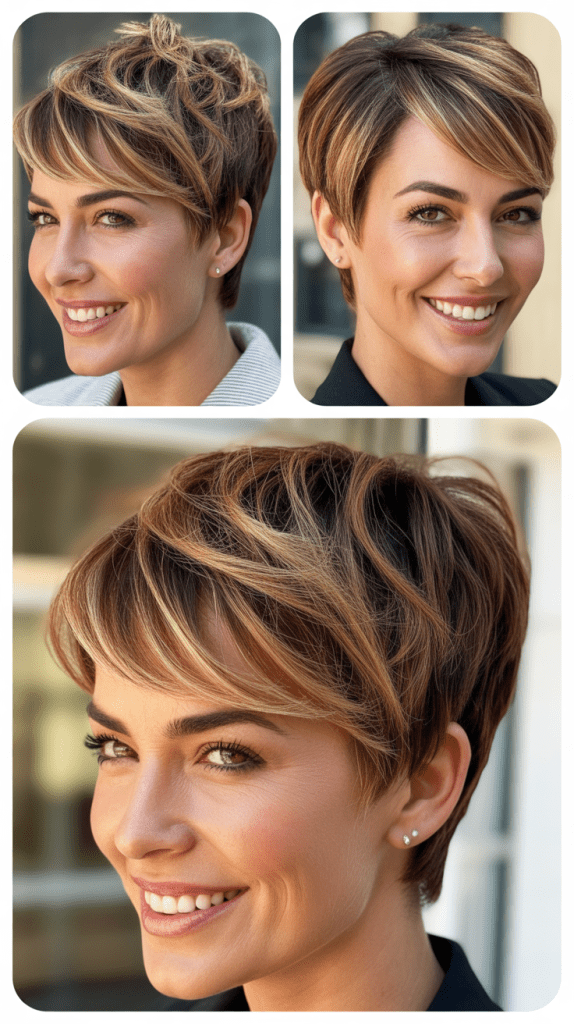  Tawny Highlights on Brown Pixie Cut