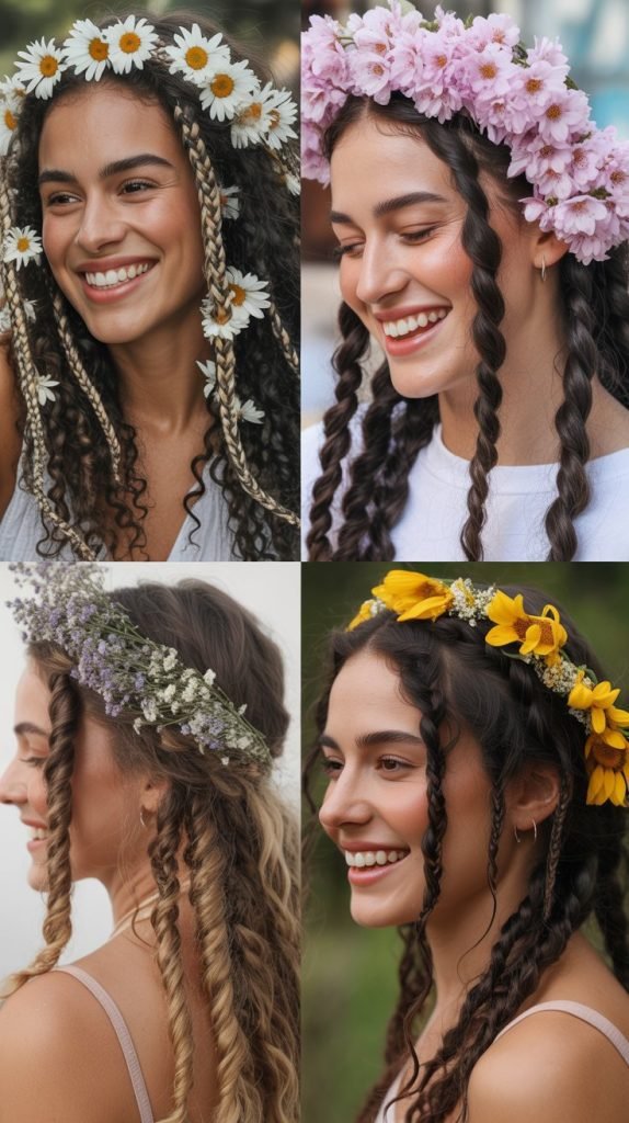  Curly Braided Half-Up with Flowers