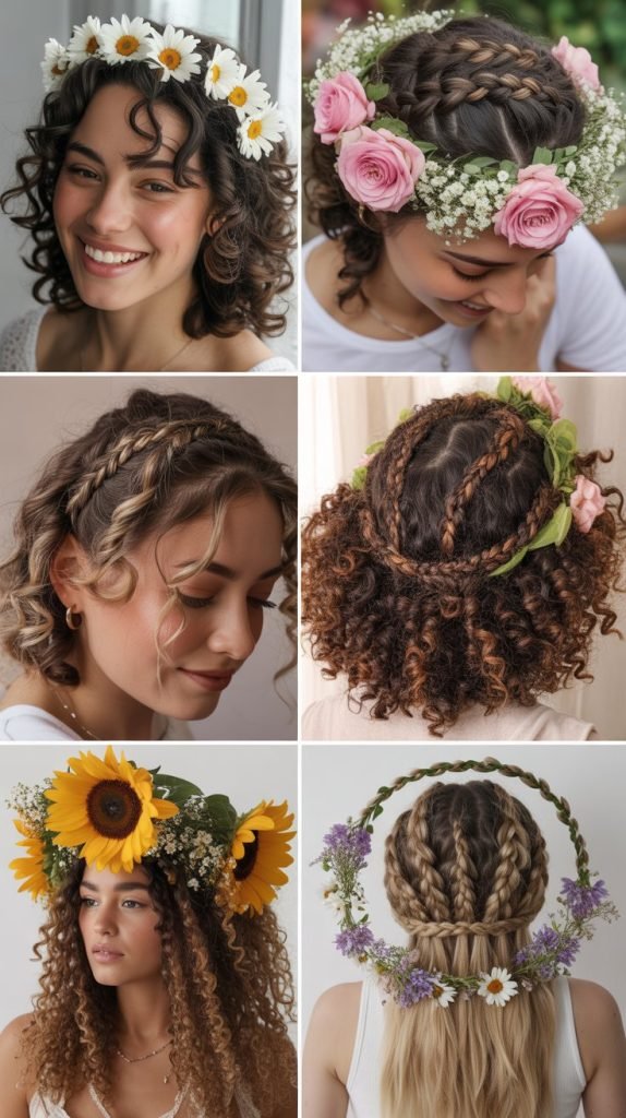  Curly Braided Halo with Flowers