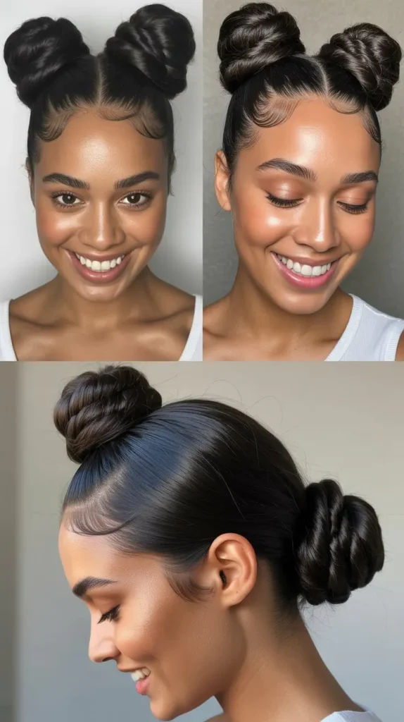 Sleek Straight Hair in a Space Bun Style