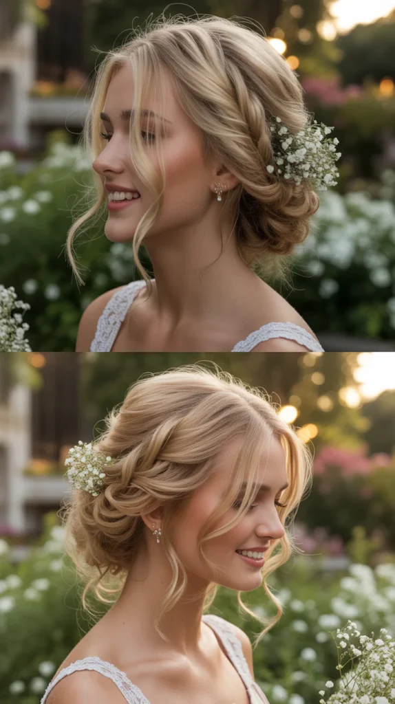 Soft Blonde Updo with Baby's Breath Flowers