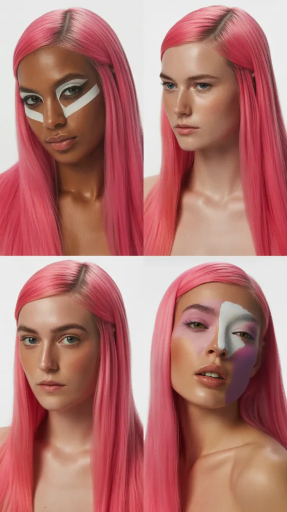 Hot Pink Long Straight Hair with Side Part