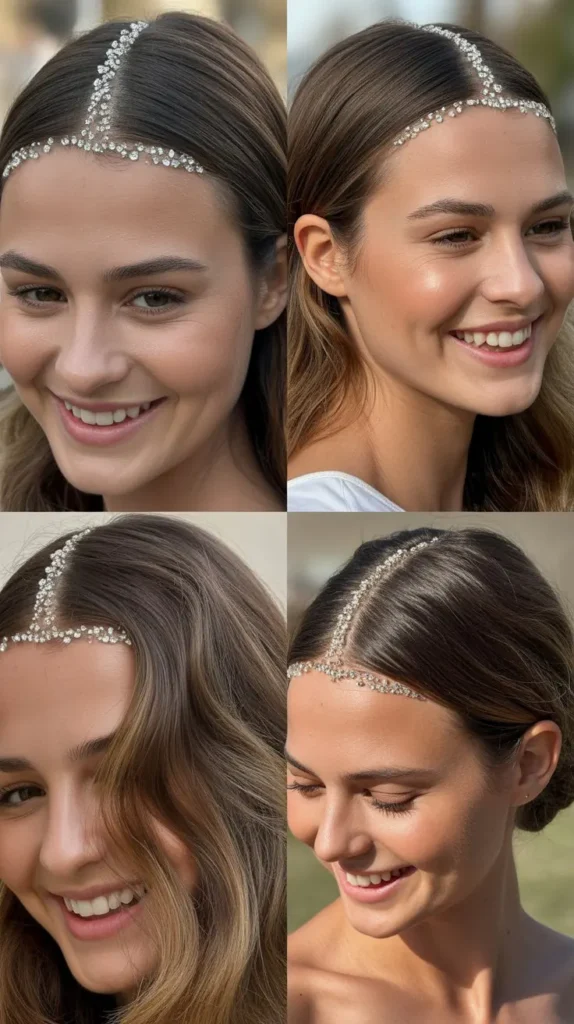 Sleek Straight Hair with a Crystal-Studded Part