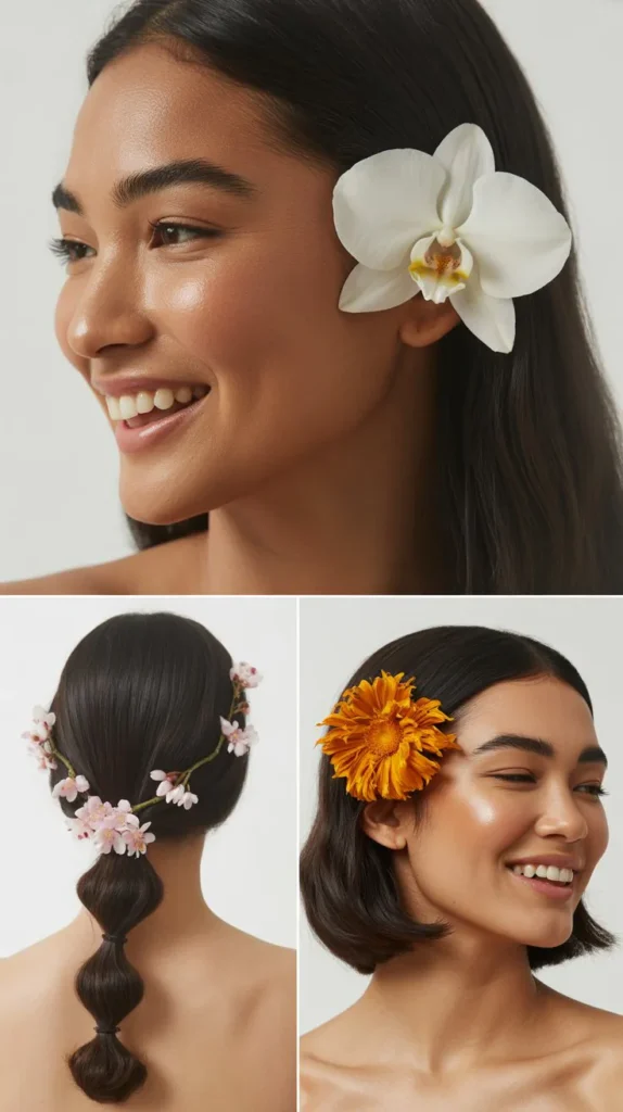Sleek Straight Hair with a Floral Hair Accessory