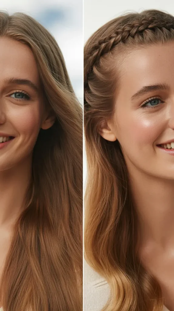 Sleek Straight Hair with Braided Crown Detail