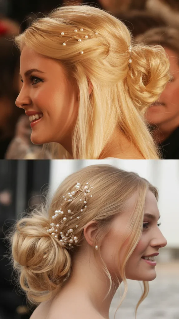 Messy Blonde Bun with Pearl Pins
