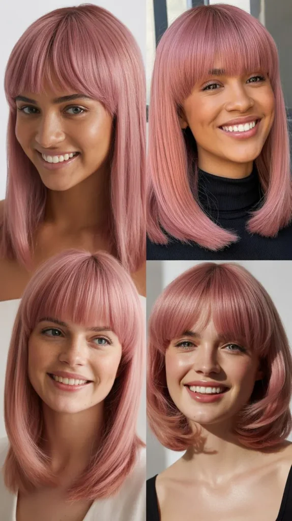 Dusty Rose Straight Wig with Curtain Bangs