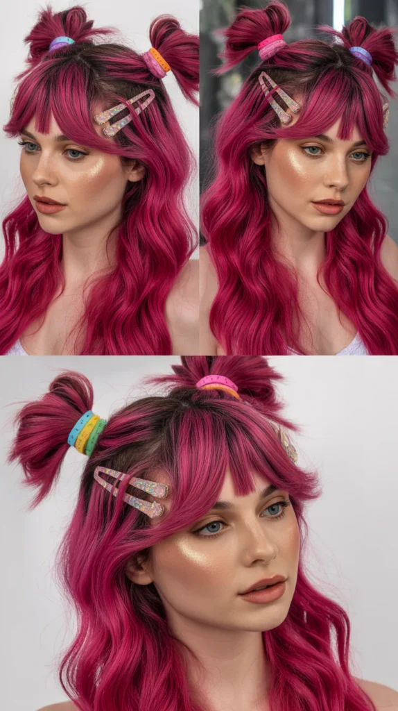 Deep Magenta Pink Half Up Half Down with Space Buns