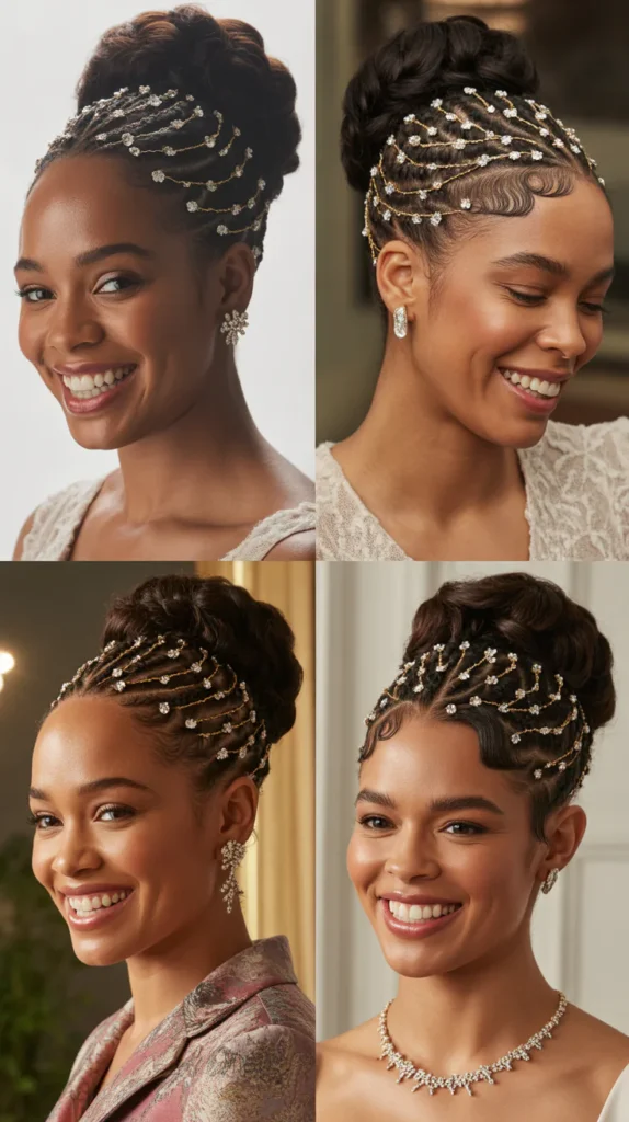 Cornrow Updo with Jeweled Finishes