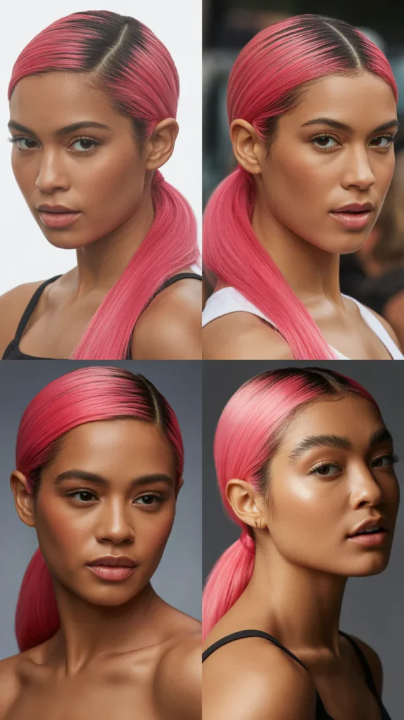 Electric Pink Sleek High Ponytail with Side Part Start