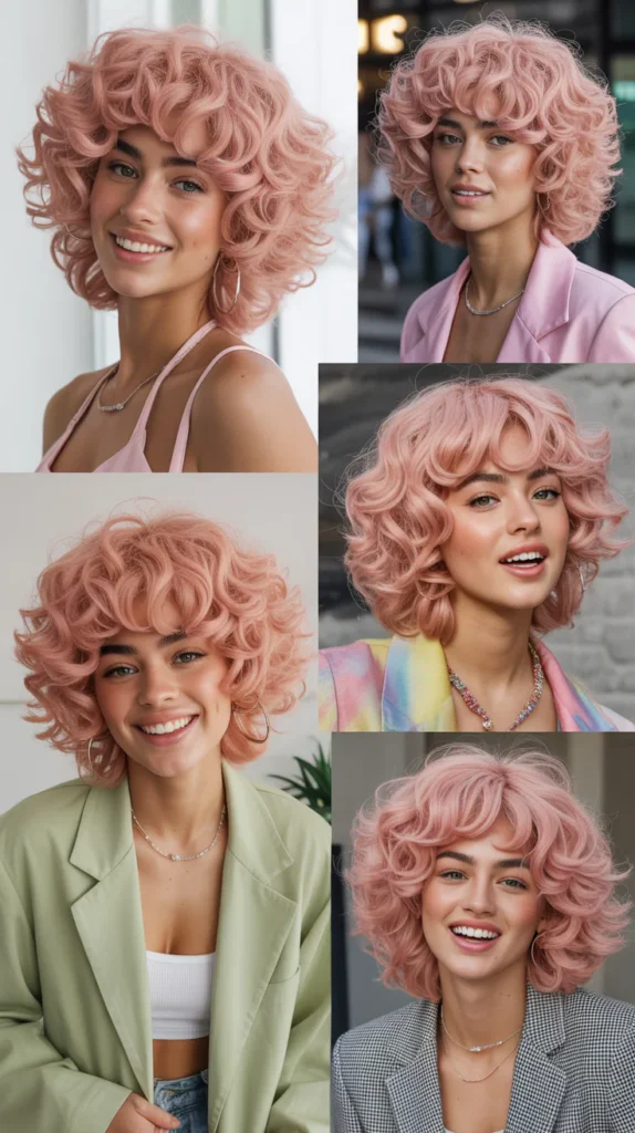 Pastel Pink Butterfly Cut Curly Wig