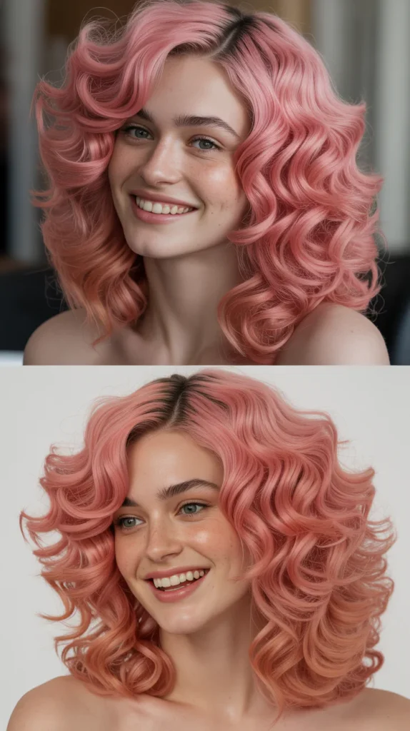 Rose Pink Curly Half Up Half Down Style
