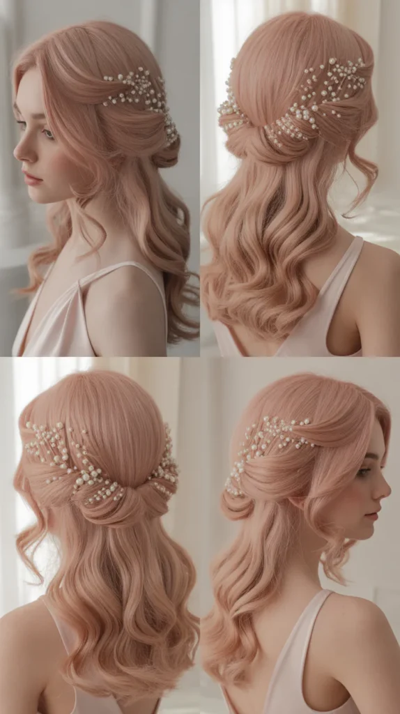Blush Pink Half Up Half Down with Pearl Accessories