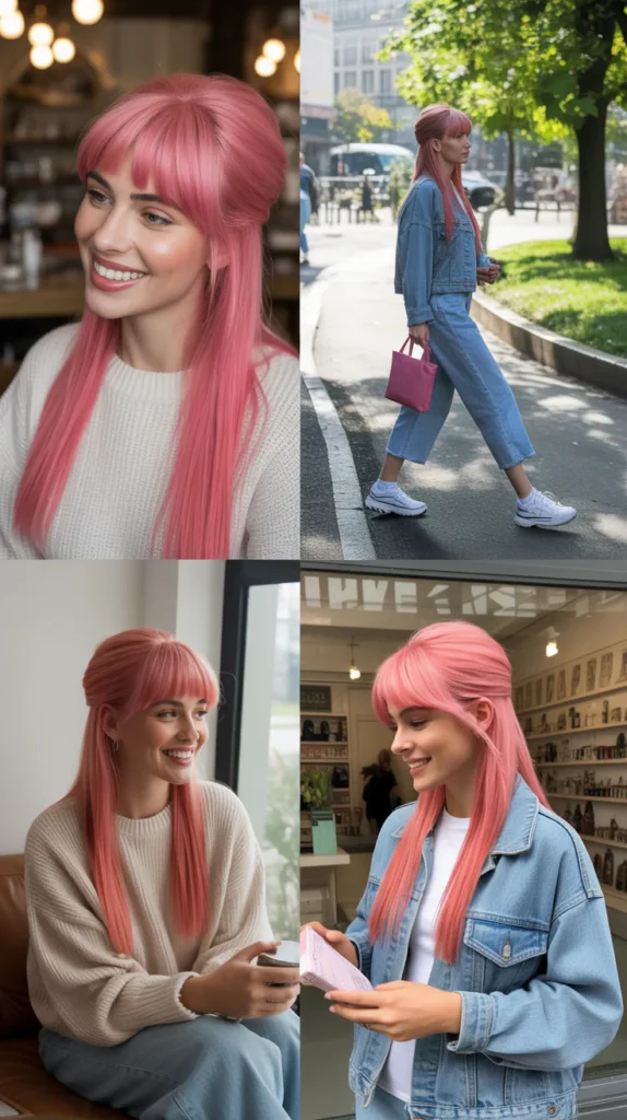 Candy Pink Half-Up Half-Down Wig with Side Part