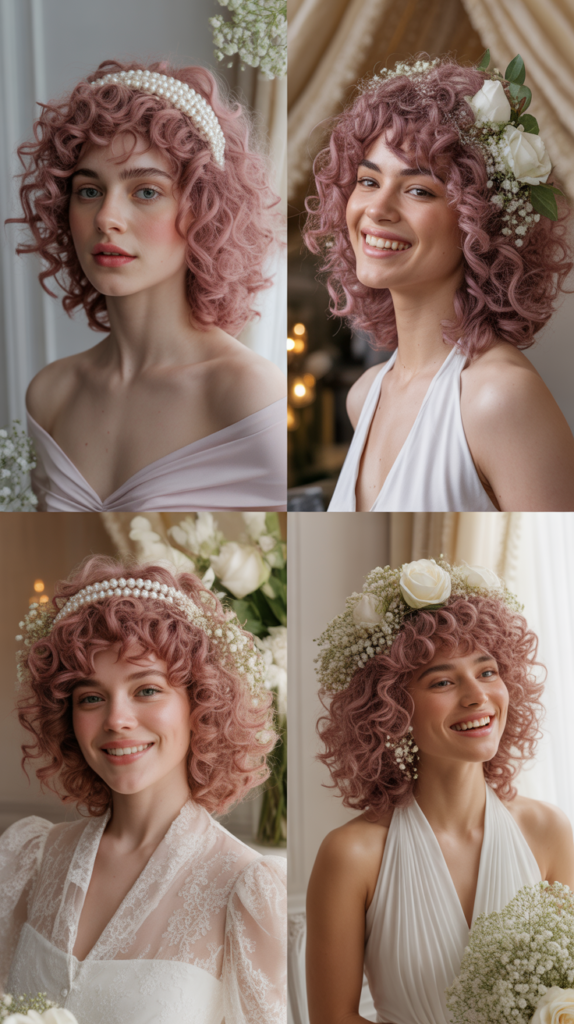 Bridal Pink Curly Wig with Accessories