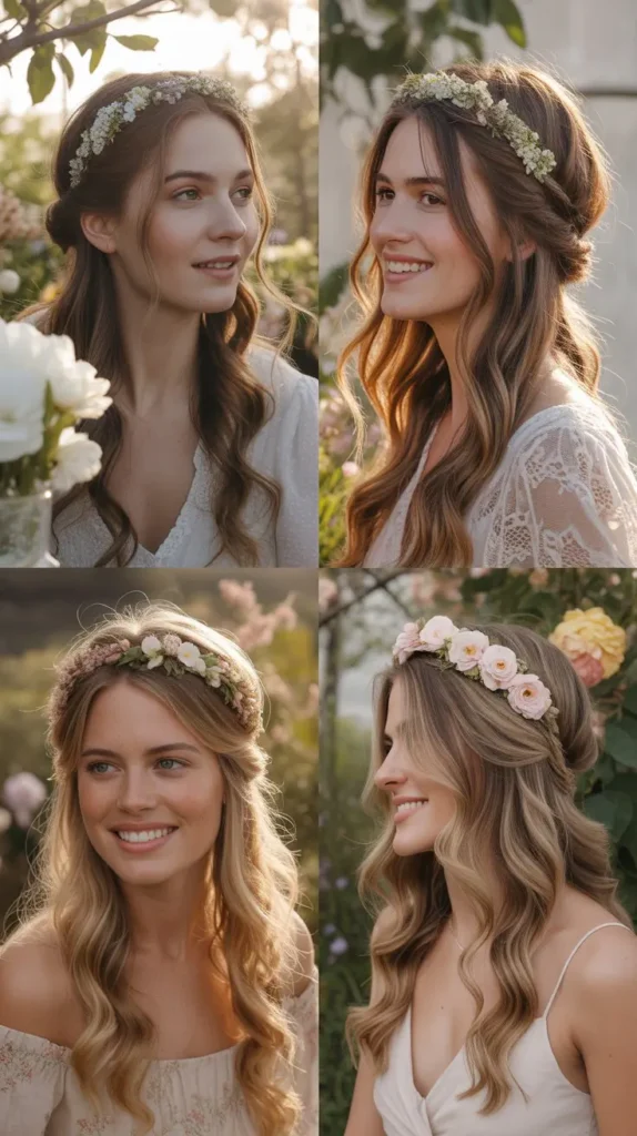 Romantic Twisted Half-Up with Floral Headband