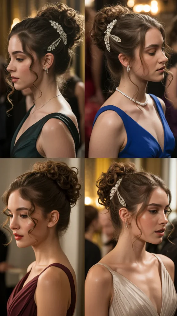 High Curly Bun with Wispy Bangs