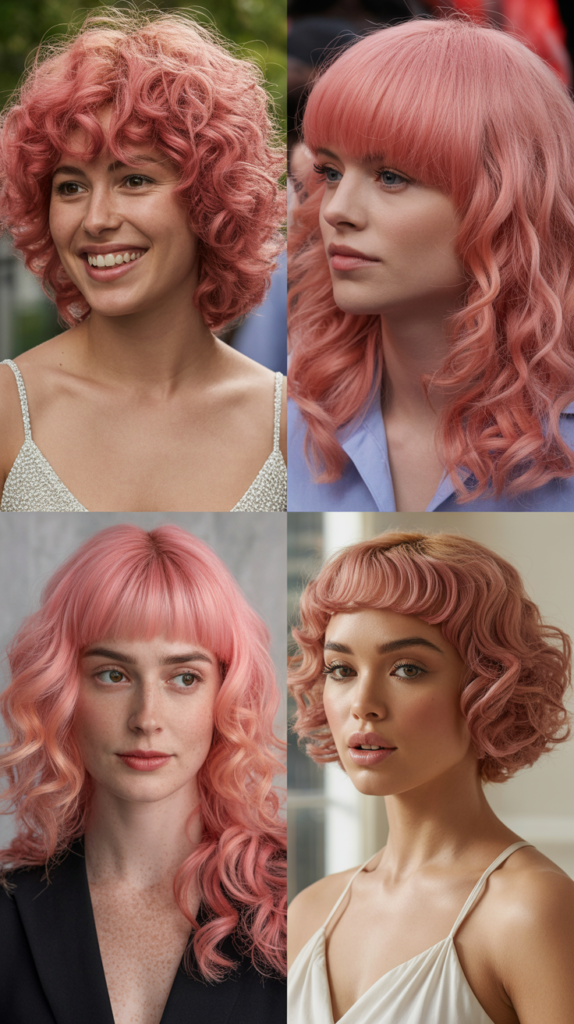 Pink Curly Wig with Bangs