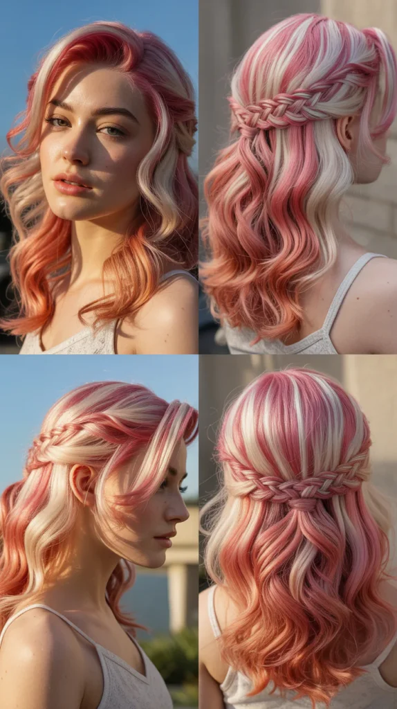 Pink and White Highlight Half Up Half Down Style