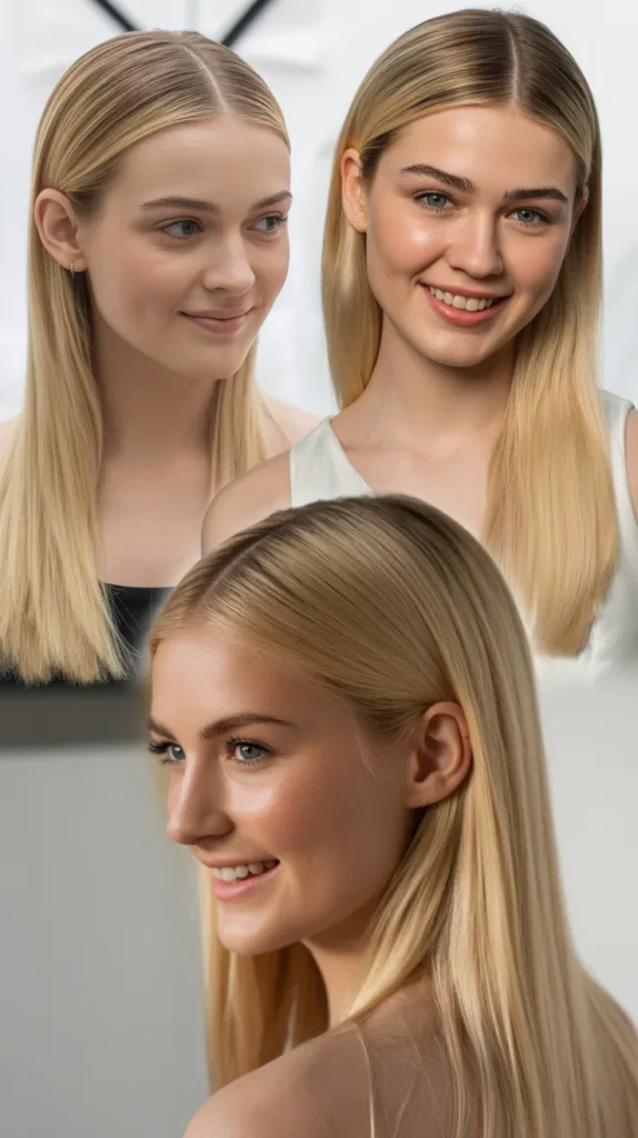 Sleek Straight Blonde Hair with a Centre Part
