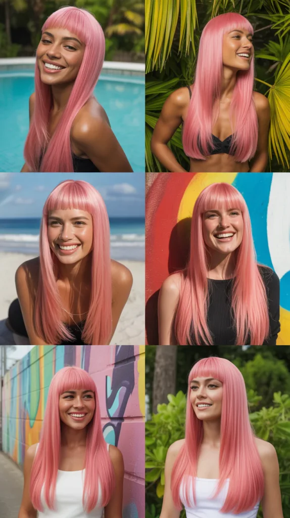 Flamingo Pink Long Wig with Sleek Side Part