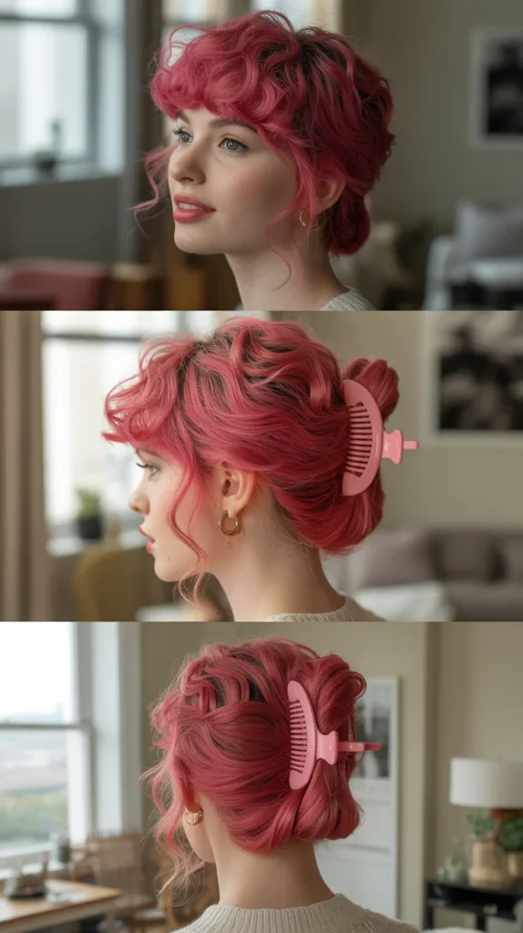  Hot Pink Crimped Claw Clip Updo
