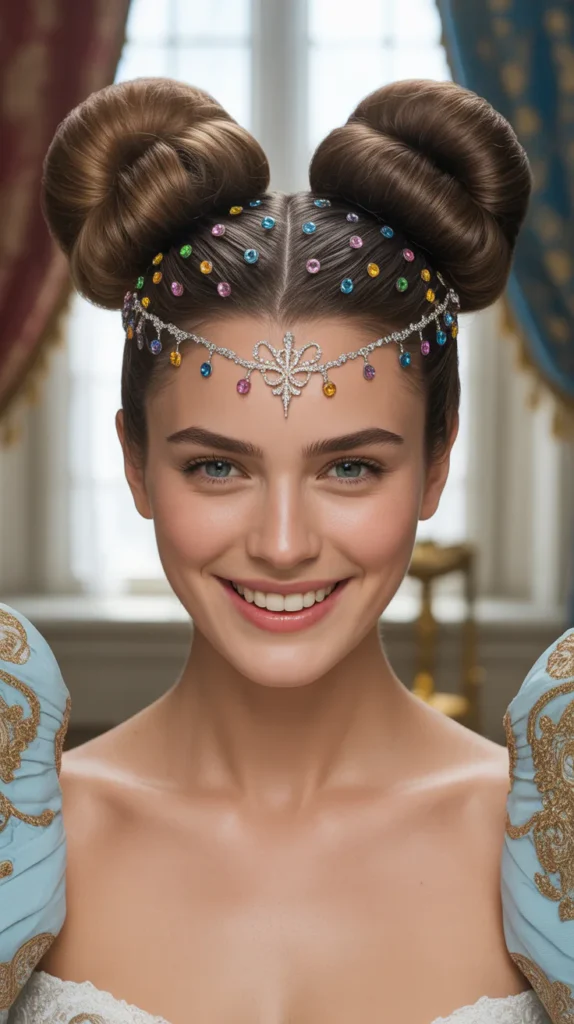 The Double Bun Updo with Jeweled Hair Pins and Tiara