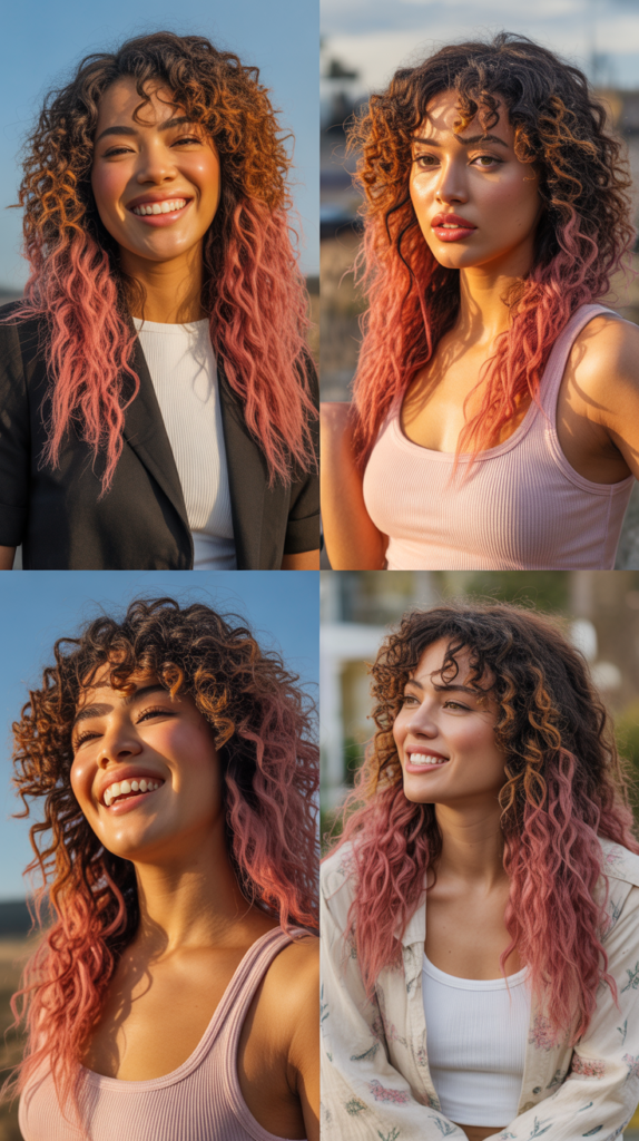 Sunset Pink Ombre Curly Wig
