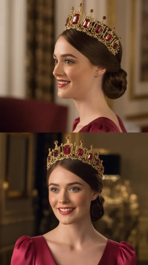 The Curled Regency Bun with Emerald and Gold Tiara