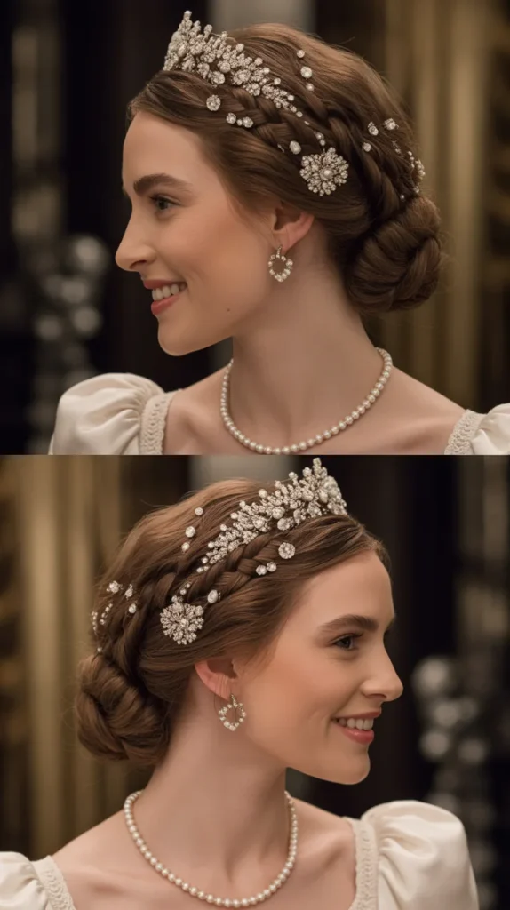  Braided Crown Updo with Jeweled Accessories
