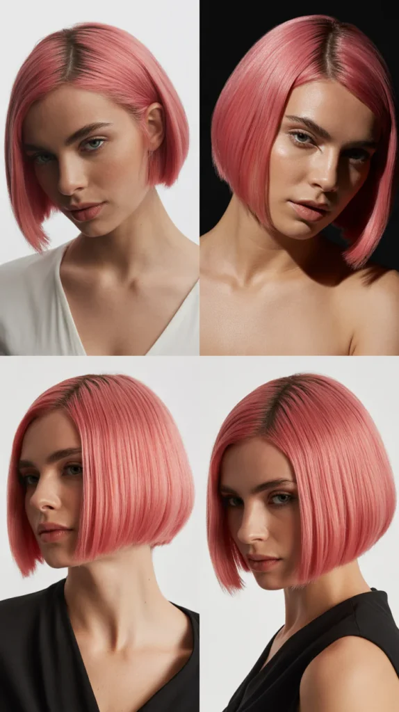 Cherry Pink Blunt Cut Bob with Side Part