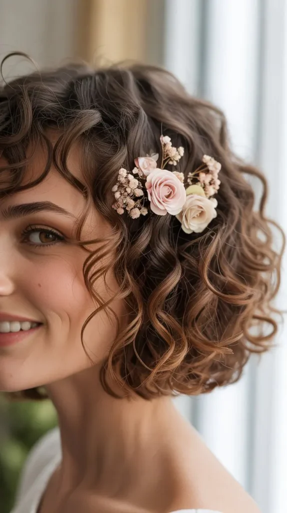 5. Curly Short Bob with Floral Pins