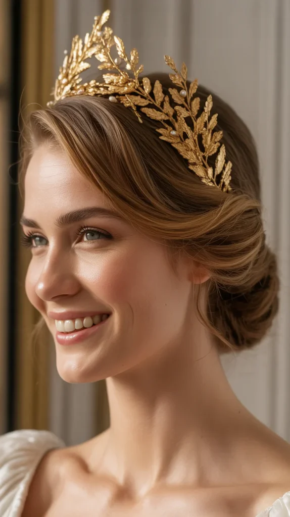 The Twisted Side Updo with Gold Leaf Tiara