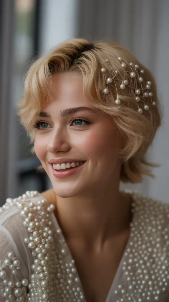 Short Blonde Hair with Pearl Pins