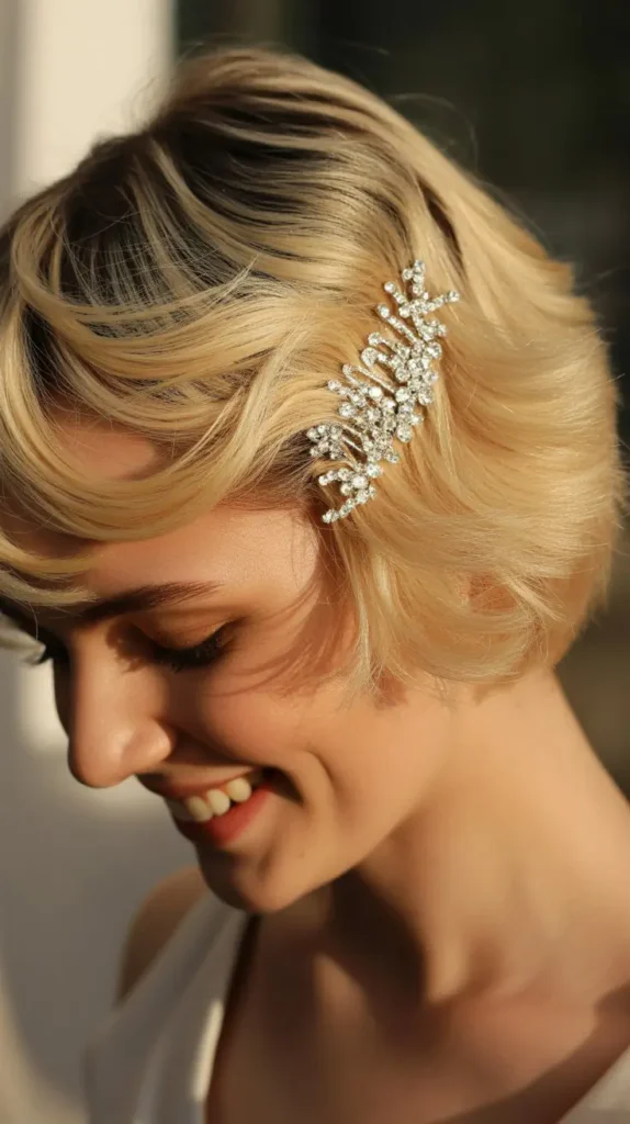 Short Blonde Hair with Sparkling Hair Comb