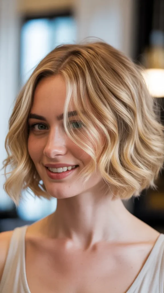 Wavy Blonde Bob with Deep Side Part