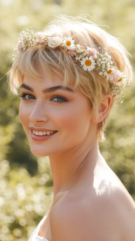 Blonde Short Hair with Floral Crown