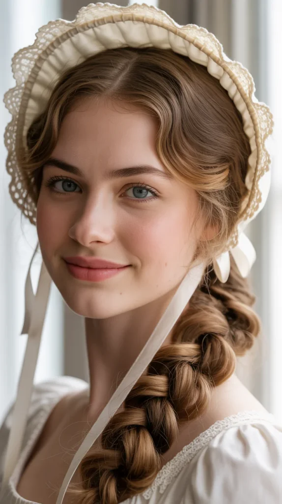 Gathered Side Braid with a Lace-Trimmed Bonnet