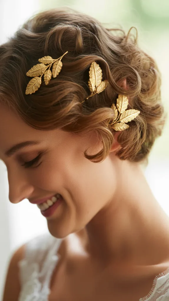 Short Curly Hair With Gold Leaf Pins