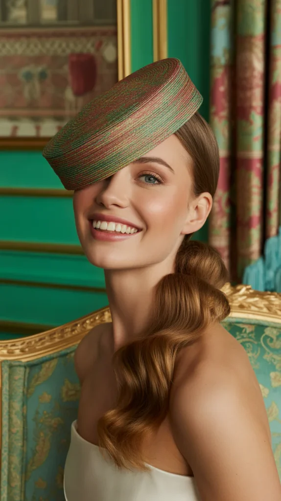 Cascading Side Ponytail with a Tilted Pillbox Hat