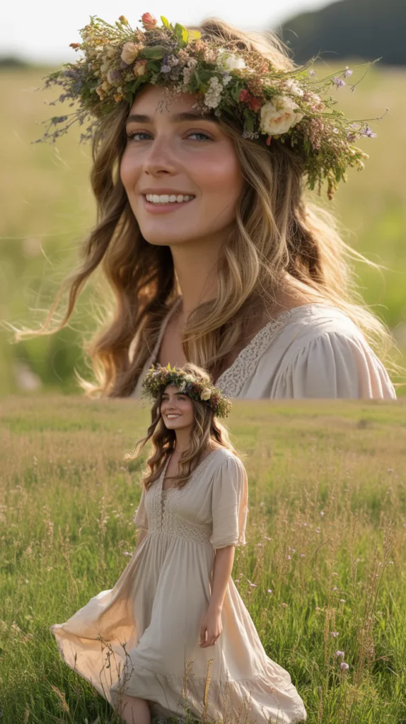 Boho Waves with a Wreath-Style Floral Hat