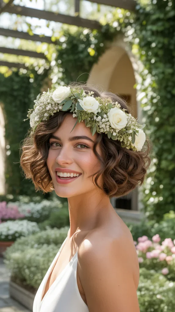  Curly Bob With Floral Crown