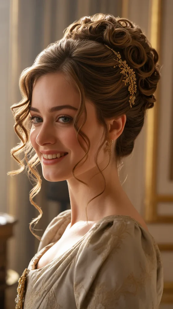 Asymmetric Curly Updo with Gold Pins