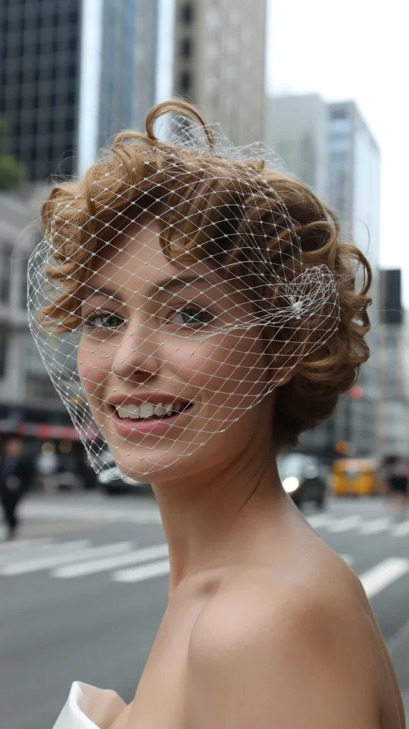Short Curly Hair With Birdcage Veil
