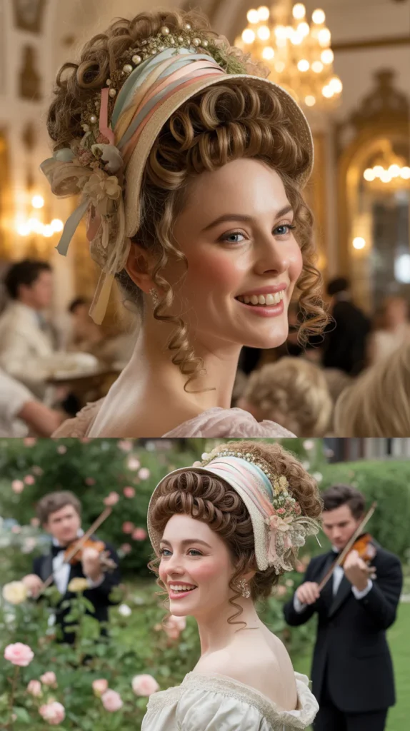 Tight Curls Piled High with a Decorated Bonnet