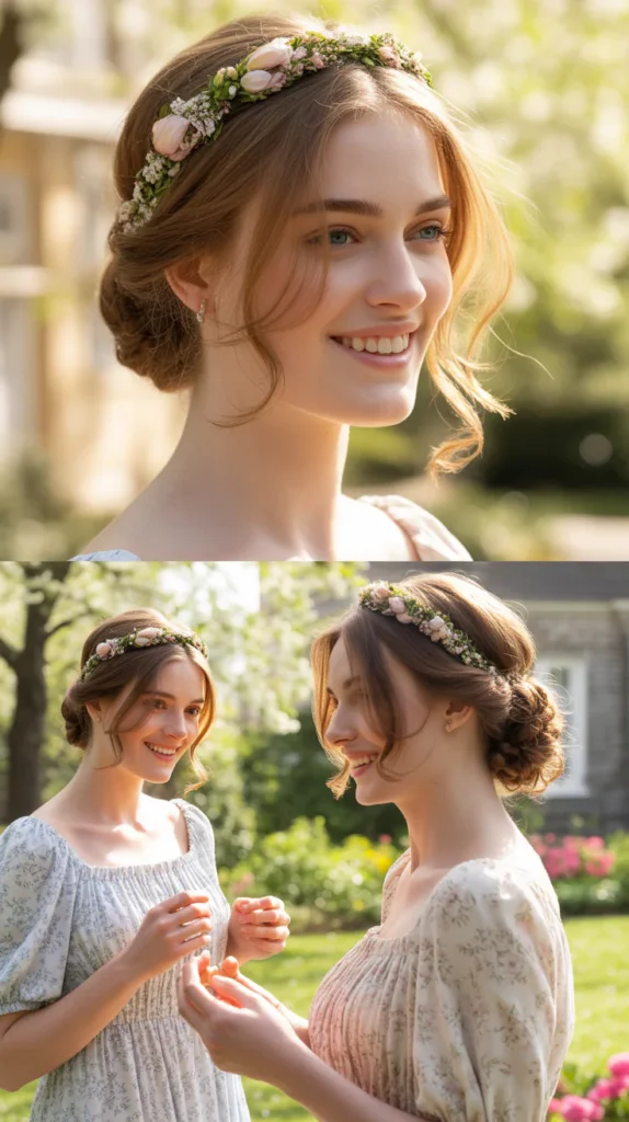 Soft Bun with Loose Curls and a Floral Headband Hat