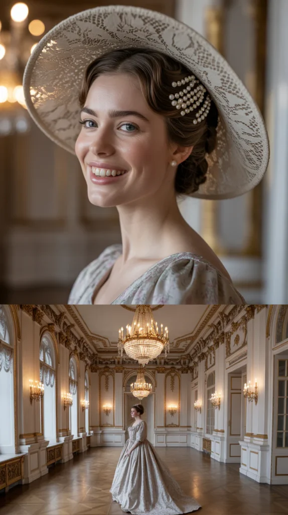 Elegant Chignon with Pearl Pins and a Wide Lace Bonnet